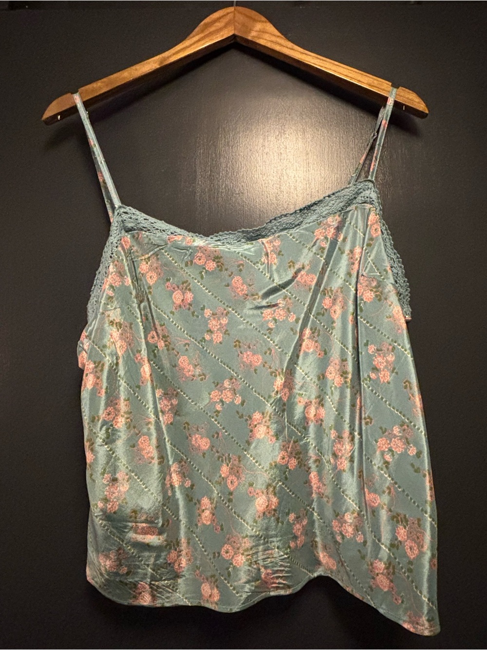 Free People Dusty Blue Floral Lace-Trim Camisole with Pink Roses